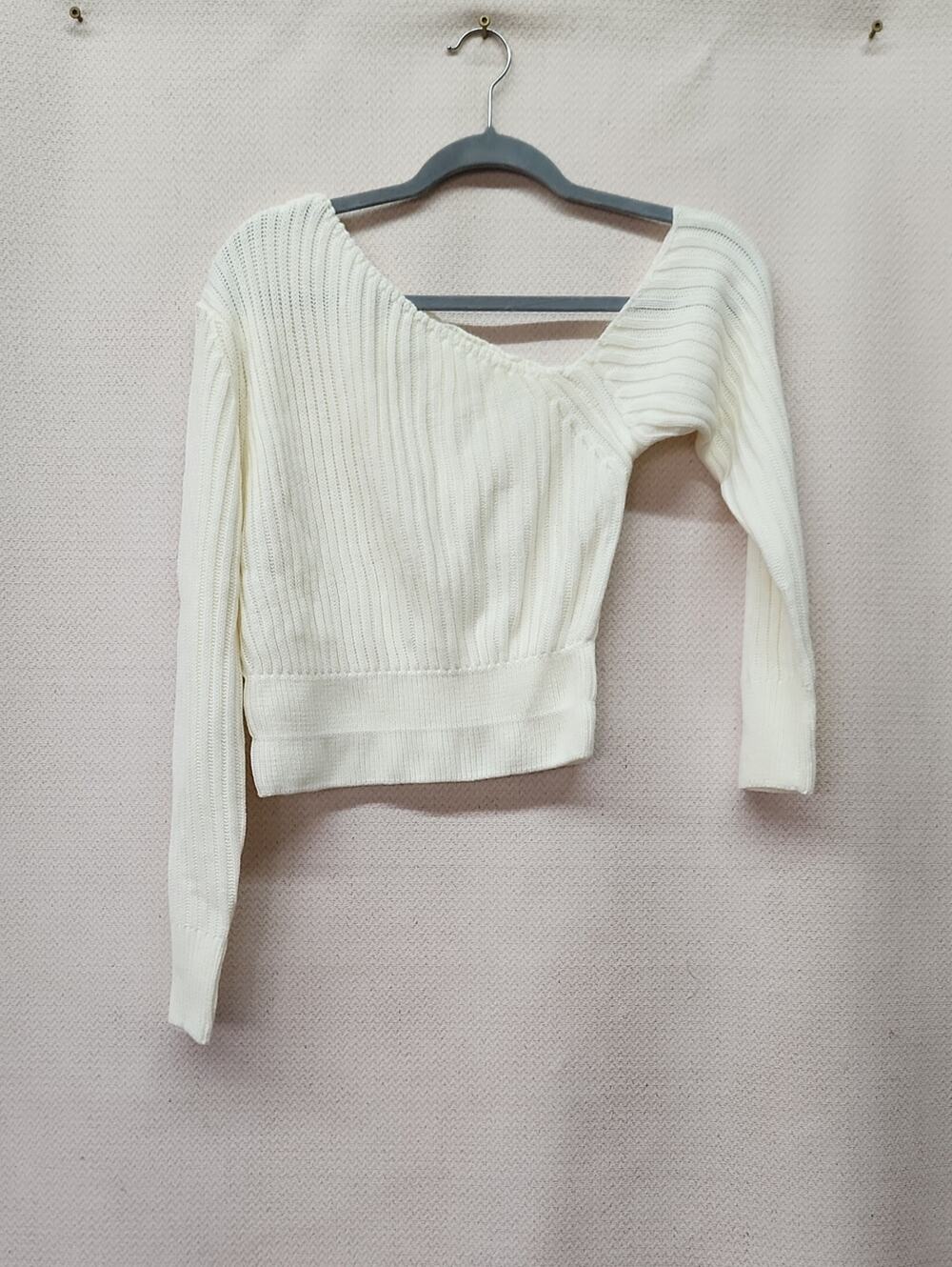 Asymmetric Off-Shoulder Ribbed Sweater - Cream